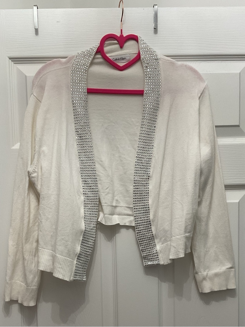Calvin Klein Cream Open-Front Cardigan with Rhinestone Trim